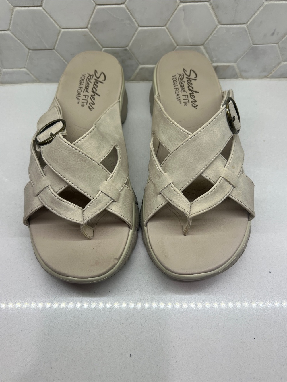 Skechers Women’s Cream Cross-Strap Slip-On Sandals